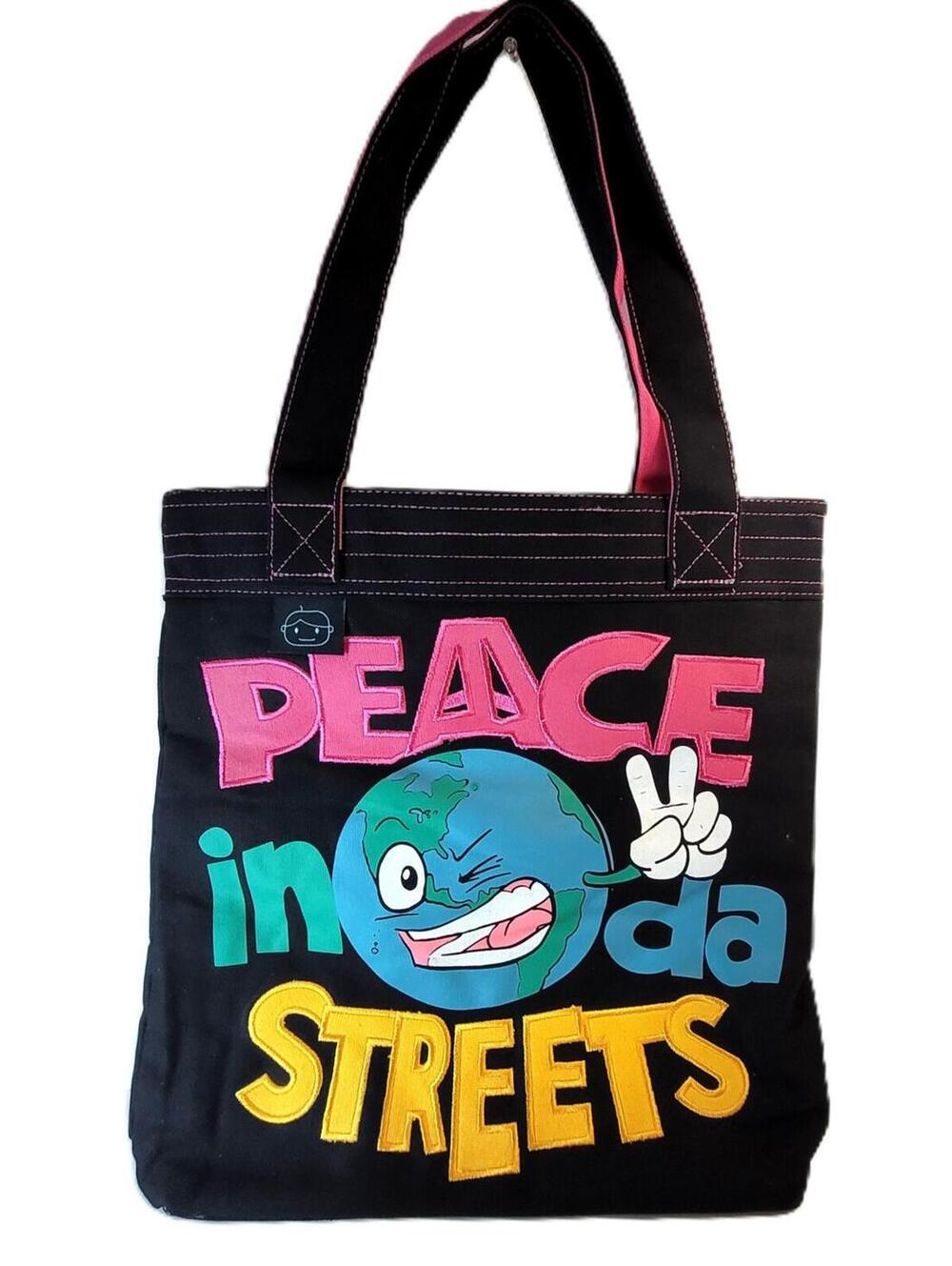 Goodie Two Sleeves Peace in Da Streets Tote Bag Black Pink Graphic Shopper - NEW